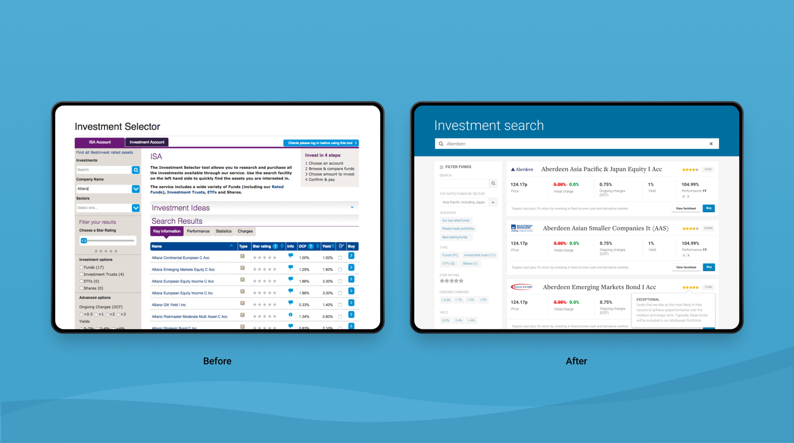 Investment search before and after the redesign