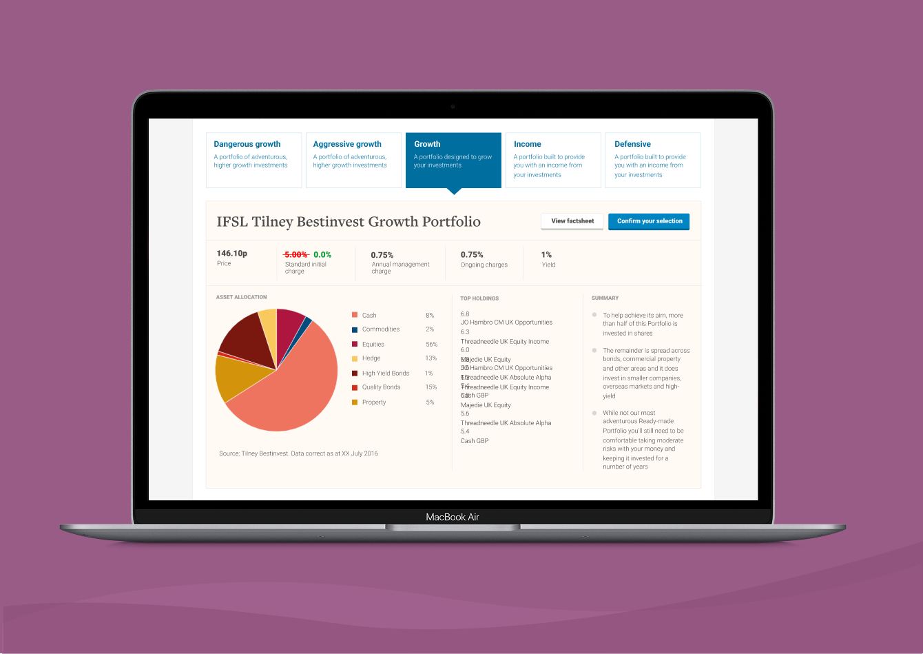 Ready-made portfolios investment details screen on laptop