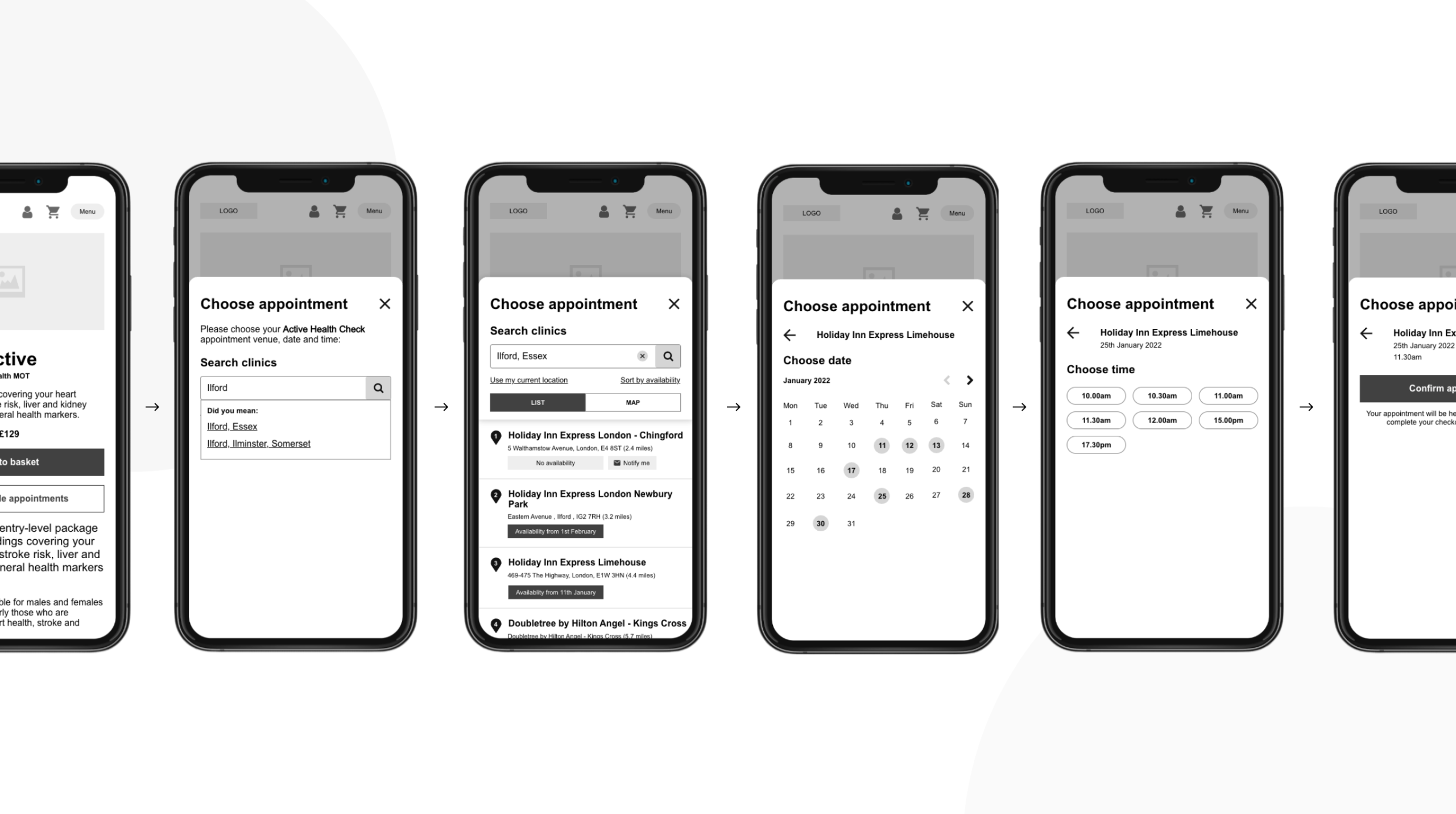 Booking journey wireframes